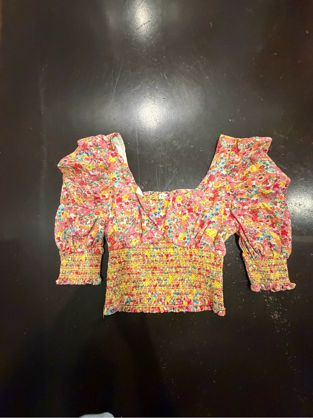 Stellah Pink Yellow Multicolor Floral Smocked Puff Sleeve Top